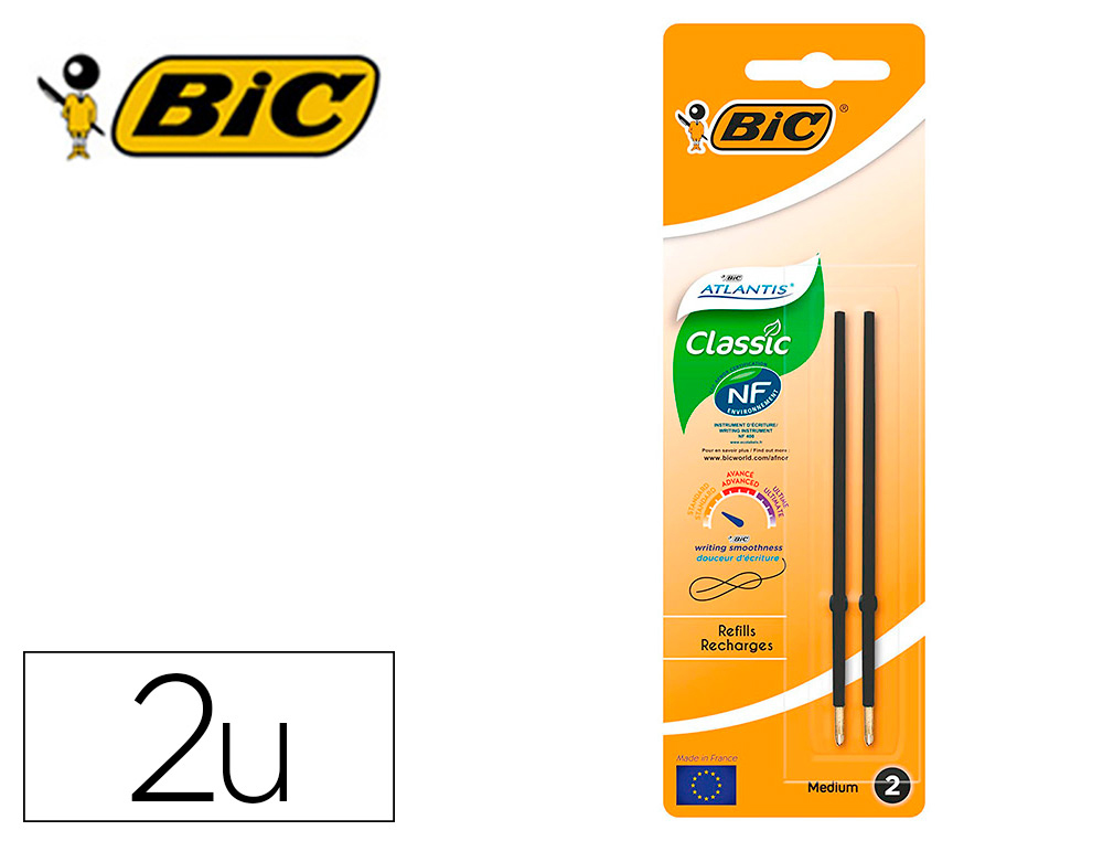 STYLO-BILLE BIC ATLANTIS SOFT POINTE MOYENNE 1,0MM BLISTER  DE 2 RECHARGES NOIR