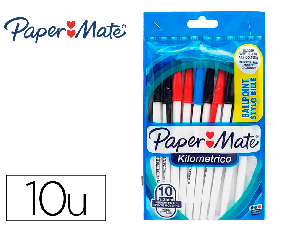 STYLO-BILLE KILOMETRICO PAPER MATE POINTE MOYENNE 1MM       ENCRES ASSORITES 4NOIR 4 BLEU 2 ROUGE SACHET DE 10