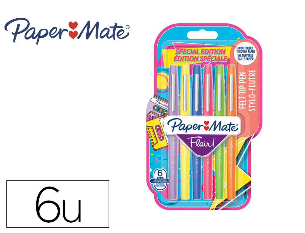 FEUTRE ECRITURE PAPER MATE FLAIR ORIGINAL POINTE MOYENNE 0,7MM ENCRES RETRO'S 90       ASSORTIES BLISTER 6 COULEURS