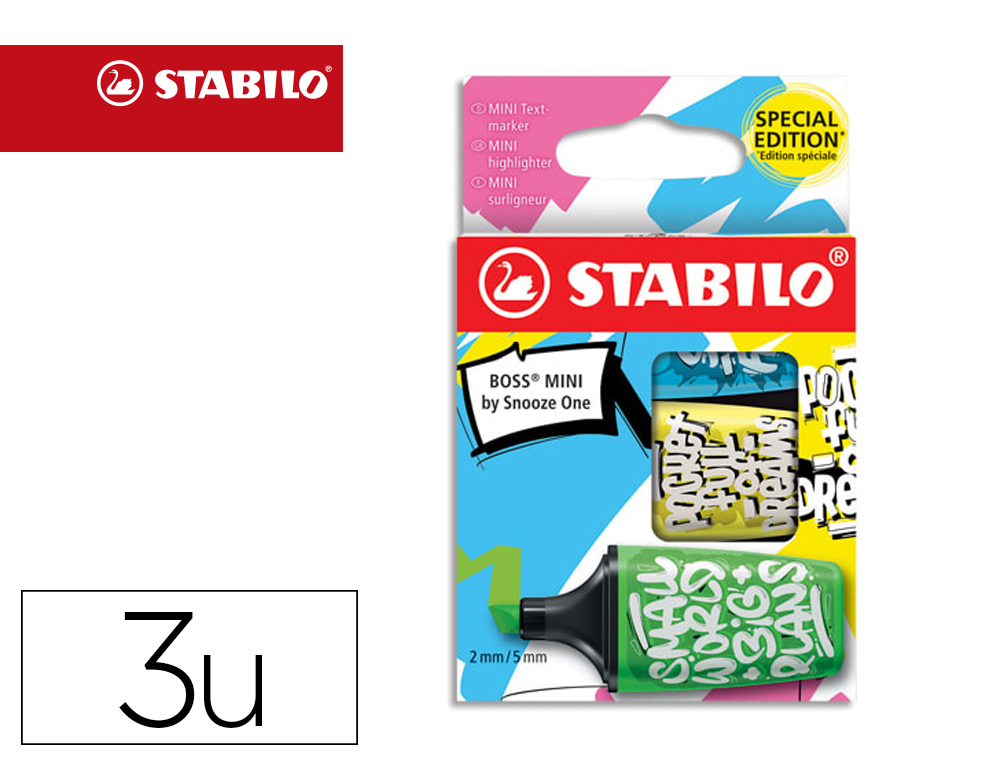 SURLIGNEUR MINI STABILO BOSS X 3 MINI BY SNOOZE ONE POINTE BISEAUTEE  VERT  JAUNE ET     BLEU