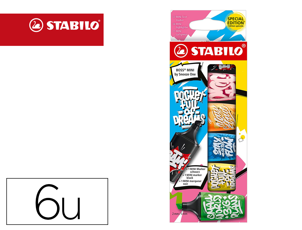 SURLIGNEUR MINI STABILO BOSS X 6 MINI BY SNOOZE ONE POINTE BISEAUTEE 2 LARGEURS 2 ET 5MM