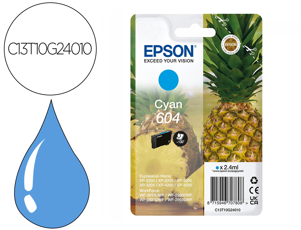 CARTOUCHE EPSON JET D'ENCRE ANANAS 604 2,4 ML 130P        COULEUR CYAN