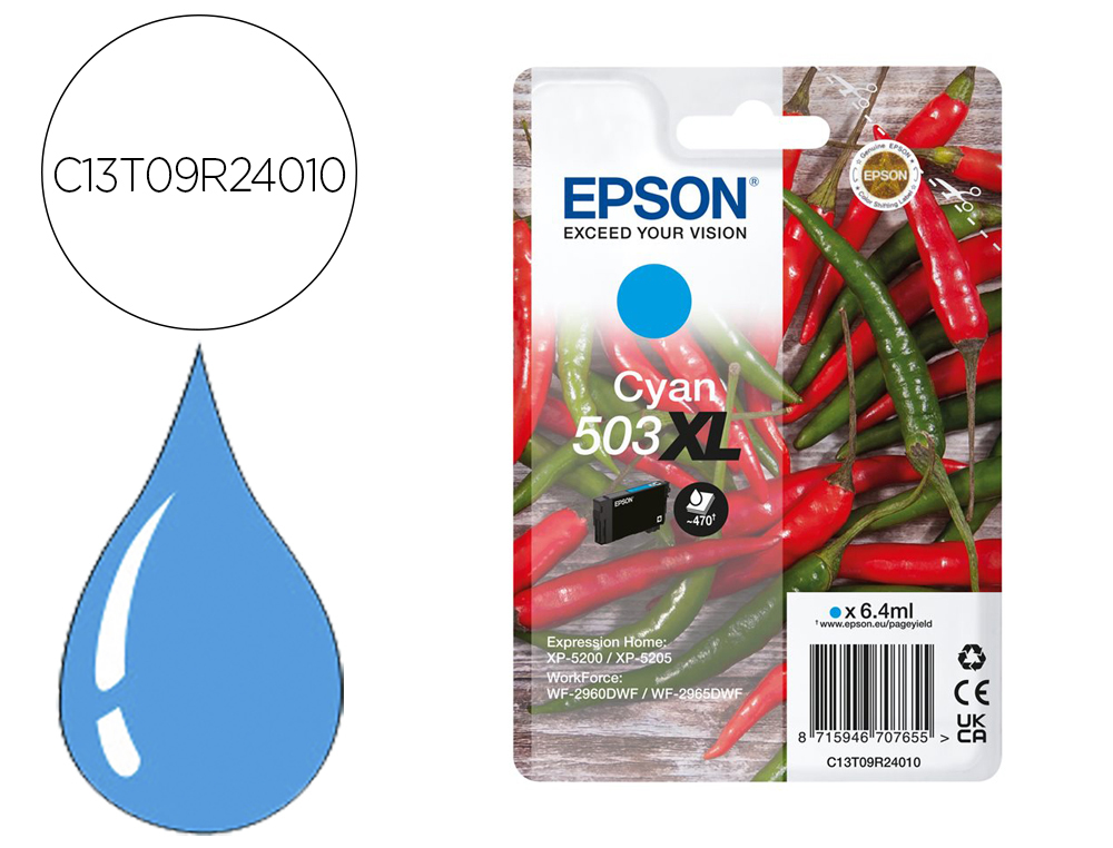 CARTOUCHE ENCRE EPSON 503 XL PIMENTS EPL 5200, RIP STATION 5200, WORKFORCE WF-2960 6,4ML 470P COULEUR CYAN