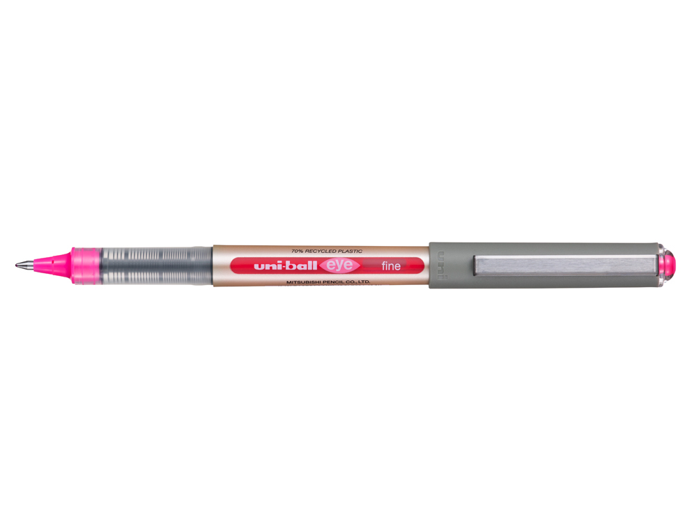 ROLLER UNIBALL EYE PLASTIQUE RECYCLE ENCRE LIQUIDE         ECRITURE MOYENNE POINTE METAL COLORIS ROSE