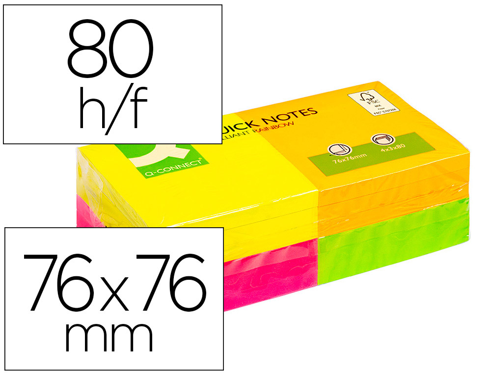 BLOC-NOTES Q-CONNECT QUICK NOTES COULEURS NON RAINBOW 76X76MM 80F REPOSITIONNABLES ROSE/ORANGE/VERT/JAUNE 12 BLOCS