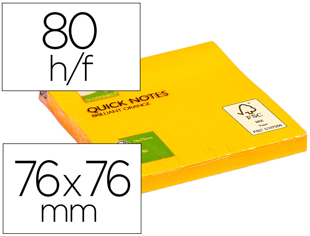 BLOC-NOTES Q-CONNECT QUICK NOTES COULEURS NON 76X76MM 80F REPOSITIONNABLES COLORIS ORANGE VIF