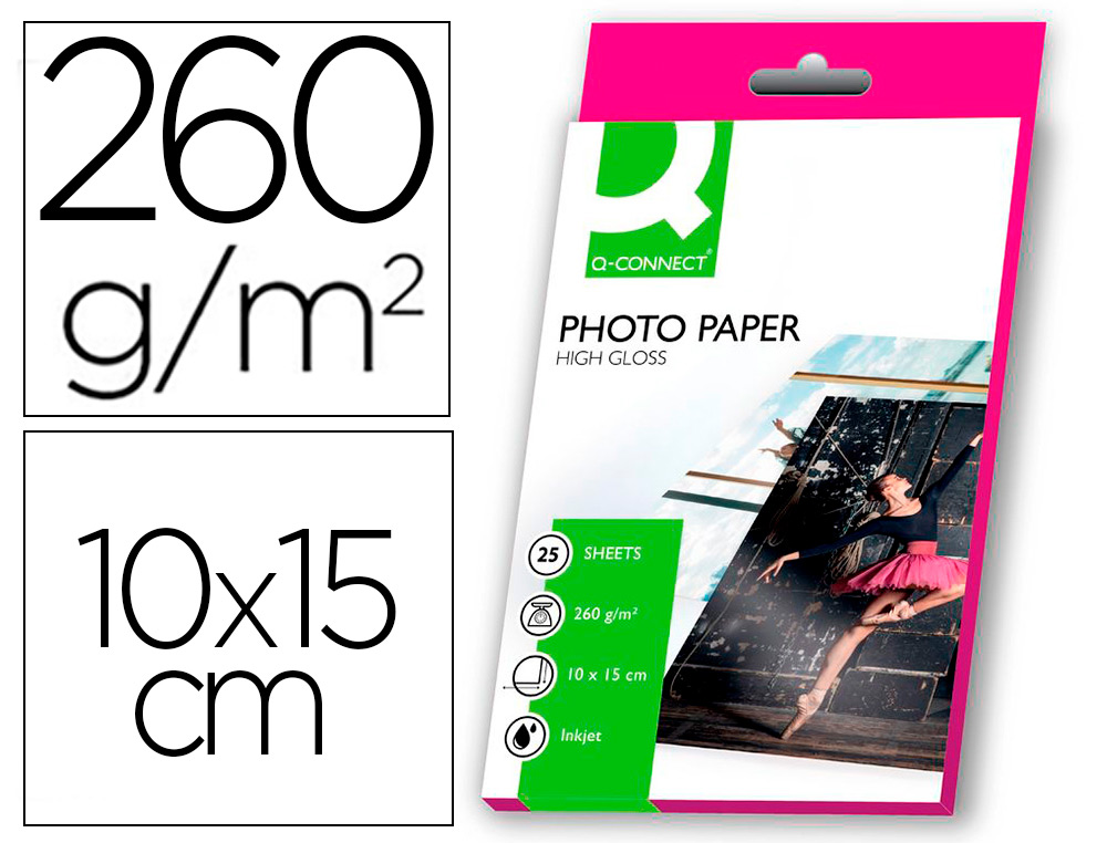 PAPIER PHOTO Q-CONNECT JET D'ENCRE GLAC ULTRA-BRILLANT 100X150MM 260G/M2 COMPATIBLE TOUTE IMPRIMANTE PAQUET 25 FEUILLES