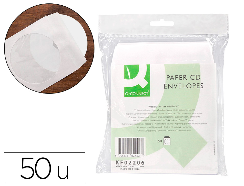 POCHETTE CD/DVD Q-CONNECT PAPIER FENTRE RABAT AUTO-ADHSIF COLORIS BLANC PAQUET 50 UNITS