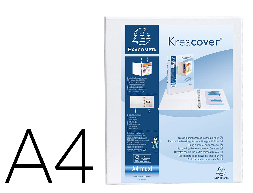CLASSEUR KREACOVER EXACOMPTA PERSONNALISABLE A4 CAPACITE   180 FEUILLES COUV RIGIDE 4    ANNEAUX DOS DE 34 MM COLORIS