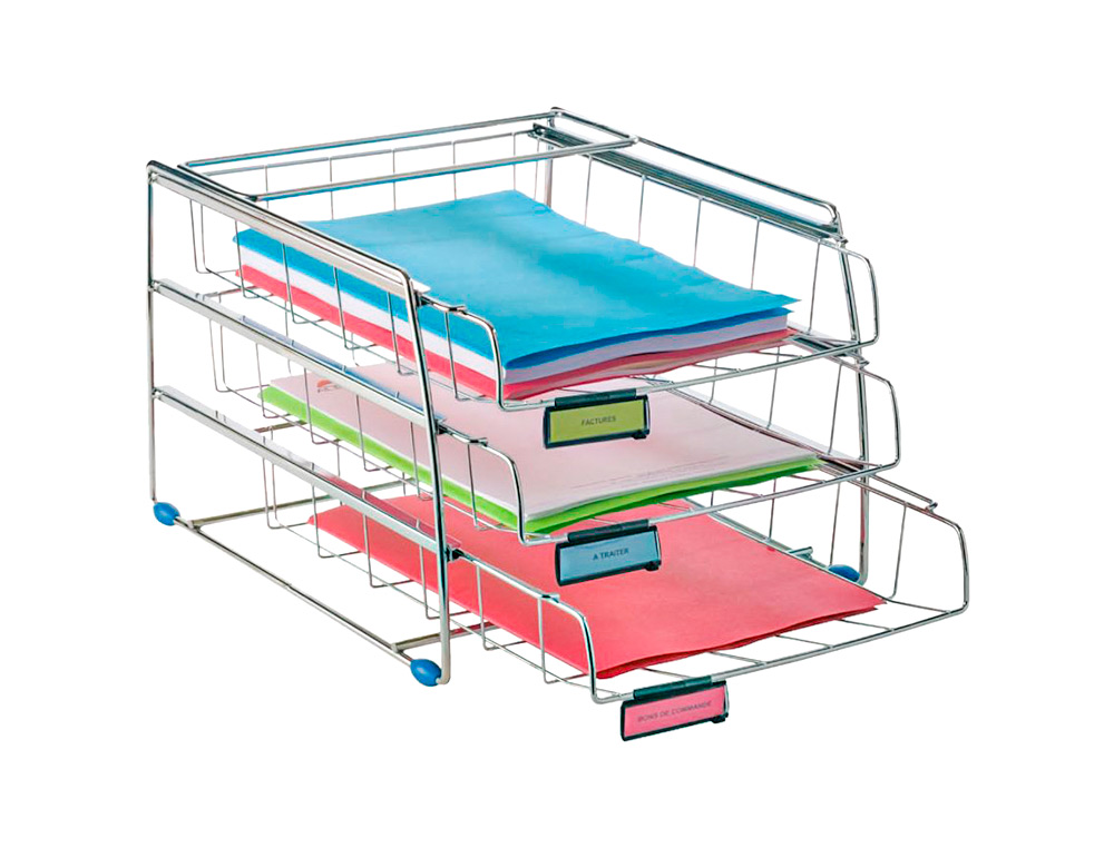 CORBEILLE  COURRIER ALBA MTAL CHROM COULISSANTE PATINS ANTIDRAPANTS PORTE-TIQUETTES 410X335X265MM SET 3 UNITS