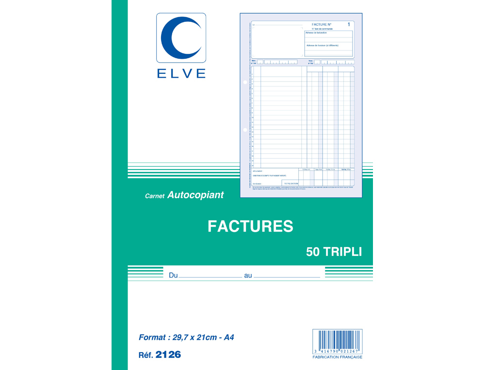 MANIFOLD ELVE AUTOCOPIANT A4 210X297MM FOLIOTAGE 50 TRIPLIS FACTURES