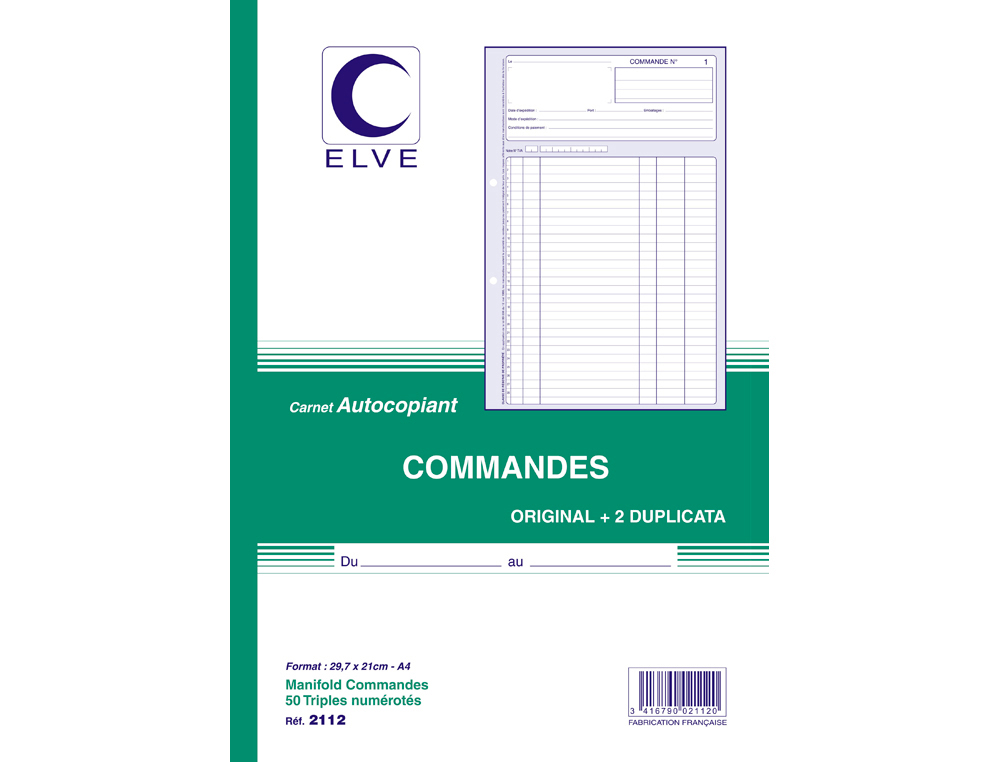 MANIFOLD ELVE AUTOCOPIANT A4 210X297MM FOLIOTAGE 50 TRIPLIS COMMANDES