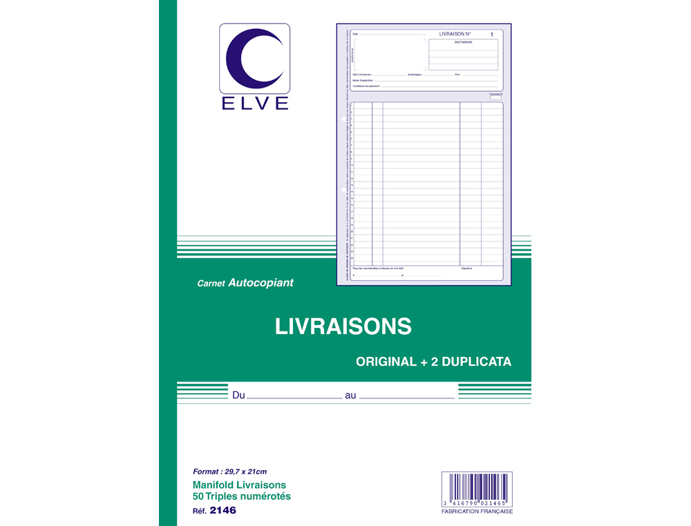 MANIFOLD ELVE AUTOCOPIANT A4 210X297MM FOLIOTAGE 50 TRIPLIS LIVRAISONS