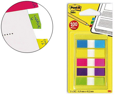 MARQUE-PAGES POST-IT MINI INDEX TROIT 12X44MM SET 5 PAQUETS 20 UNITS COLORIS BLEU JAUNE ROUGE VERT VIOLET