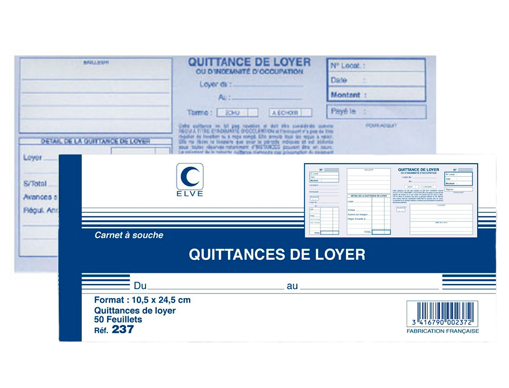 CARNET  SOUCHE ELVE QUITTANCES LOYER 10,5X27CM 50 FEUILLETS 70G PAPIER CHQUE AMAGNTIQUE