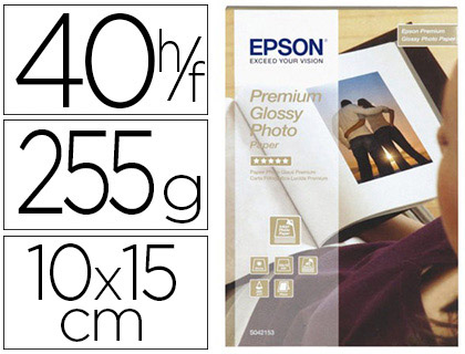 PAPIER PHOTO EPSON JET D'ENCRE PREMIUM GLOSSY GLAC SUPER BRILLANT 10X15CM 255G/M2 PAQUET 40 FEUILLES