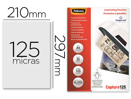 POCHETTE PLASTIFICATION FELLOWES  CHAUD POLYESTER TRANSPARENT RSISTANT EAU FORMAT A4 125 MICRONS BOTE 25 UNITS
