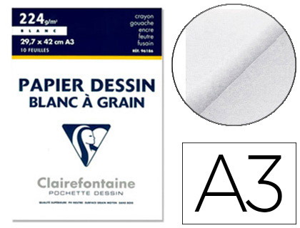PAPIER DESSIN CLAIREFONTAINE GRAIN LÉGER PRONONCÉ SANS ACIDE BLANCHEUR NATURELLE 224G A3 POCHETTE 10F