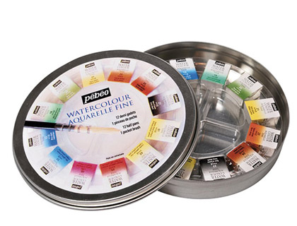 AQUARELLE PBO 1 PINCEAU AQUARELLE BOTE EN MTAL RONDE 12 DEMI-GODETS