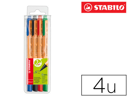 STYLO-FEUTRE STABILO GREENPOINT PLASTIQUE RECYCLE CRITURE LARGE 0.8MM POINTE ROBUSTE CLIP POCHETTE 4 COLORIS ASSORTIS