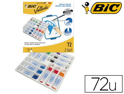 MARQUEUR BIC VELLEDA 1721 EFFAABLE POINTE OGIVE 1MM ENCRE ALCOOL SANS ODEUR CORPS PLASTIQUE COFFRET SCOLAIRE 72 FEUTRES