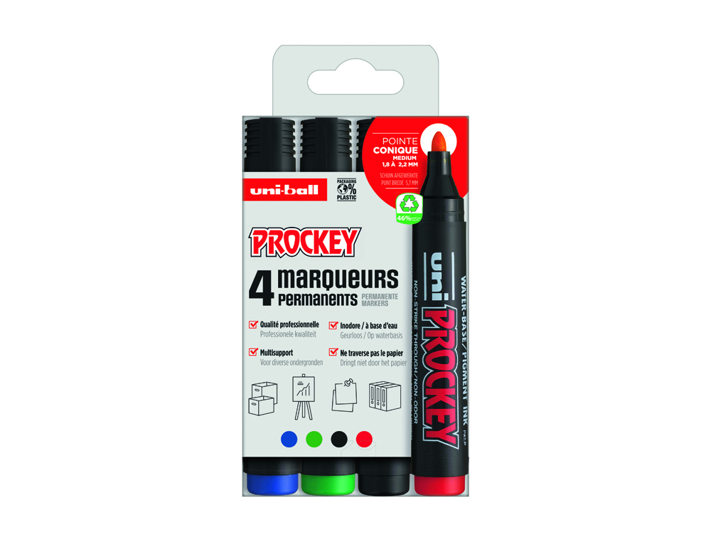 MARQUEUR UNIBALL UNI PROCKEY PERMANENT POINTE OGIVE ENCRE PIGMENTE SANS ALCOOL SANS SOLVANT CORPS PLASTIQUE POCHETTE 4U