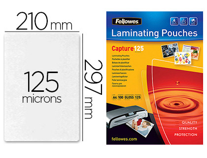 POCHETTE PLASTIFICATION FELLOWES  CHAUD POLYESTER TRANSPARENT RSISTANT EAU FORMAT A4 125 MICRONS BOTE 100 UNITS