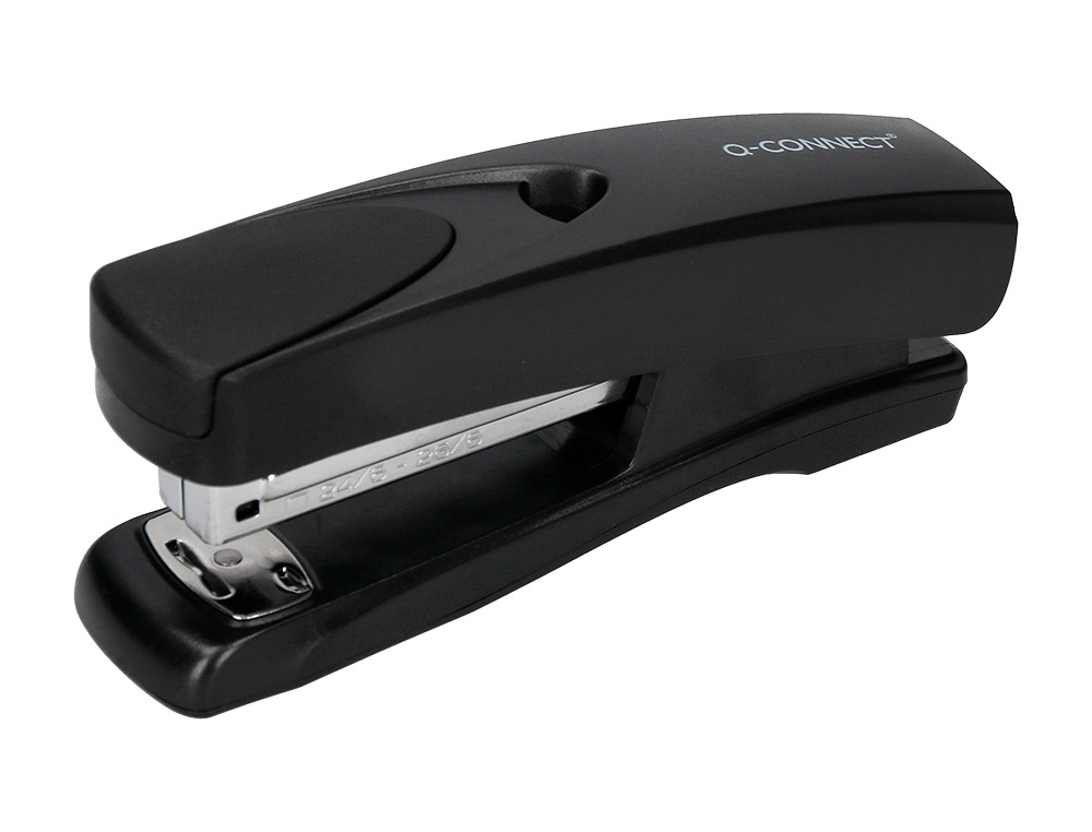AGRAFEUSE BUREAU Q-CONNECT CONOMIQUE PLASTIQUE 34X50X135MM 20 FEUILLES AGRAFES 24/6 ET 26/6 STRIP HALF COLORIS NOIR