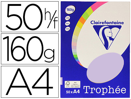 PAPIER COULEUR CLAIREFONTAINE TROPHE PERSONAL PAPER PACK A4 160G/M2 LILAS PAQUET 50 FEUILLES UNICOLORES