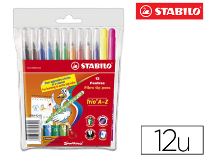 FEUTRE COLORIAGE STABILO TRIO TRIANGULAIRE ENCRE SUPER LAVABLE POINTE MOYENNE POCHETTE 12 UNITS + 2 FLUOS