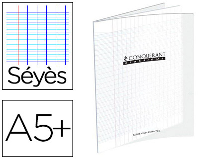 CAHIER PIQU CONQURANT CLASSIQUE COUVERTURE POLYPROPYLNE RIGIDE TRANSPARENTE A5+ 17X22CM 96 PAGES 90G SYS INCOLORE