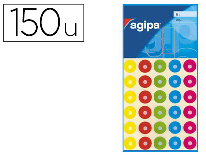 OEILLET ADHSIF APLI AGIPA FORMAT 15MM RENFORCEMENT DOCUMENTS PERFORS COLORIS ASSORTIS POCHETTE 150 UNITS