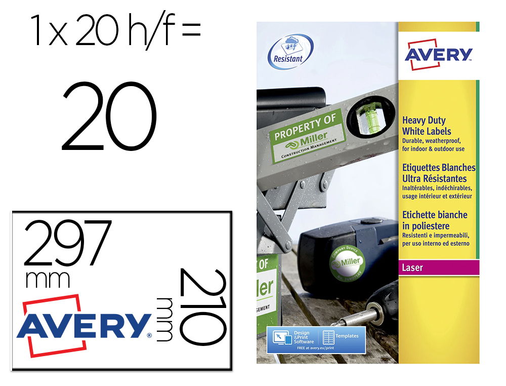 TIQUETTE ADHSIVE AVERY ULTRA-RSISTANTE IMPRESSION LASER 210X297MM POCHETTE 20 UNITS