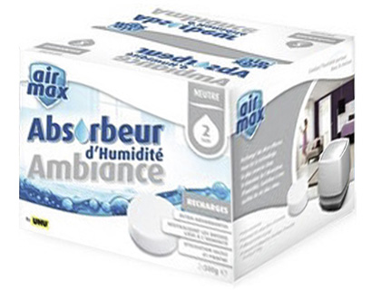 ABSORBEUR HUMIDIT AIR MAX AMBIANCE EFFICACIT OPTIMALE SYSTME ANTI-FUITES COLOGIQUE COLORIS GRIS/BLANC BOTE 100G