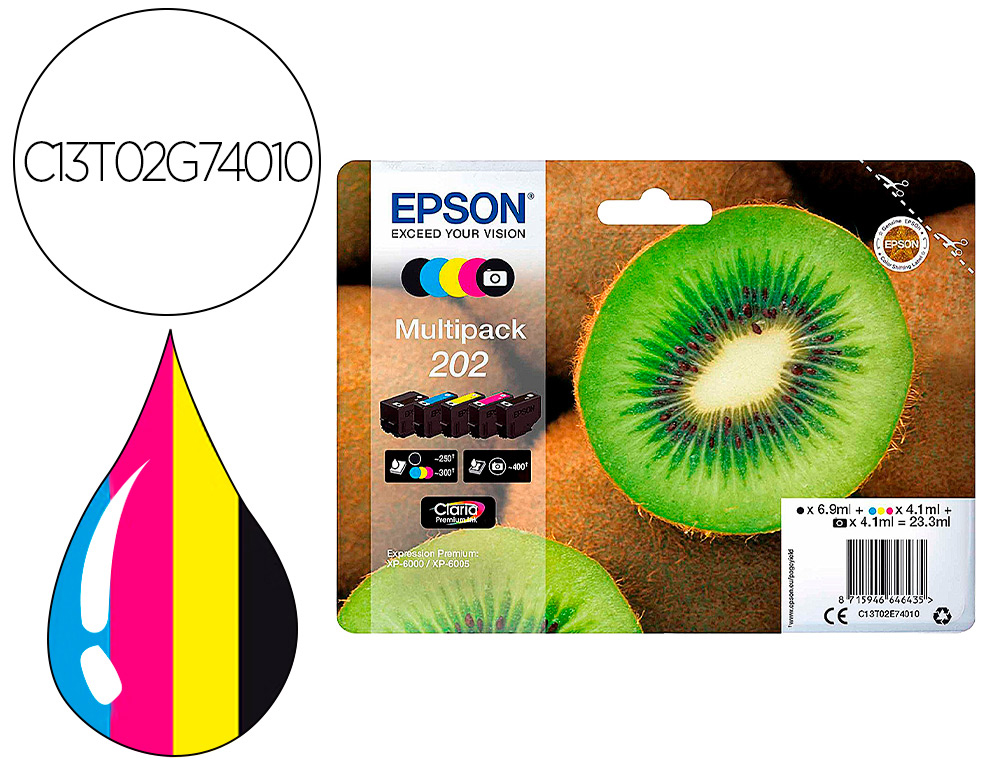 CARTOUCHE EPSON JET D'ENCRE 202 PHOTO MULTIPACK XL 5      COULEURS NOIR JAUNE CYAN      MAGENTA NOIR 650P