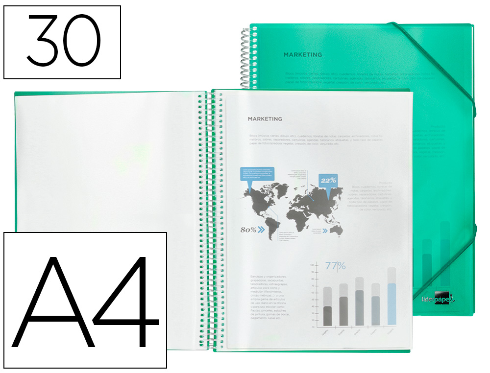 PROTGE-DOCUMENTS LIDERPAPEL POLYPROPYLNE COUVERTURE RIGIDE SPIRALE 30 POCHETTES FIXES A4 210X297MM COLORIS VERT