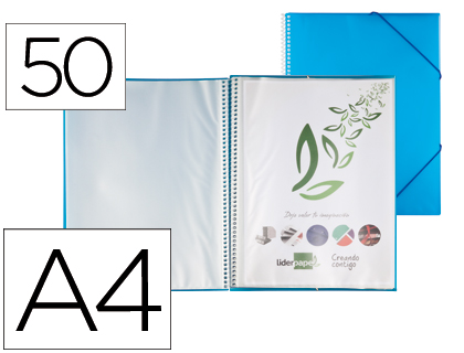 PROTGE-DOCUMENTS LIDERPAPEL POLYPROPYLNE COUVERTURE RIGIDE SPIRALE 50 POCHETTES FIXES A4 210X297MM COLORIS BLEU