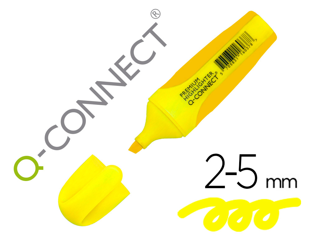 SURLIGNEUR Q-CONNECT PREMIUM POINTE BISEAUTE ENCRE BASE EAU CORPS COULEUR ENCRE GRIP CAOUTCHOUC CAPUCHON CLIP JAUNE