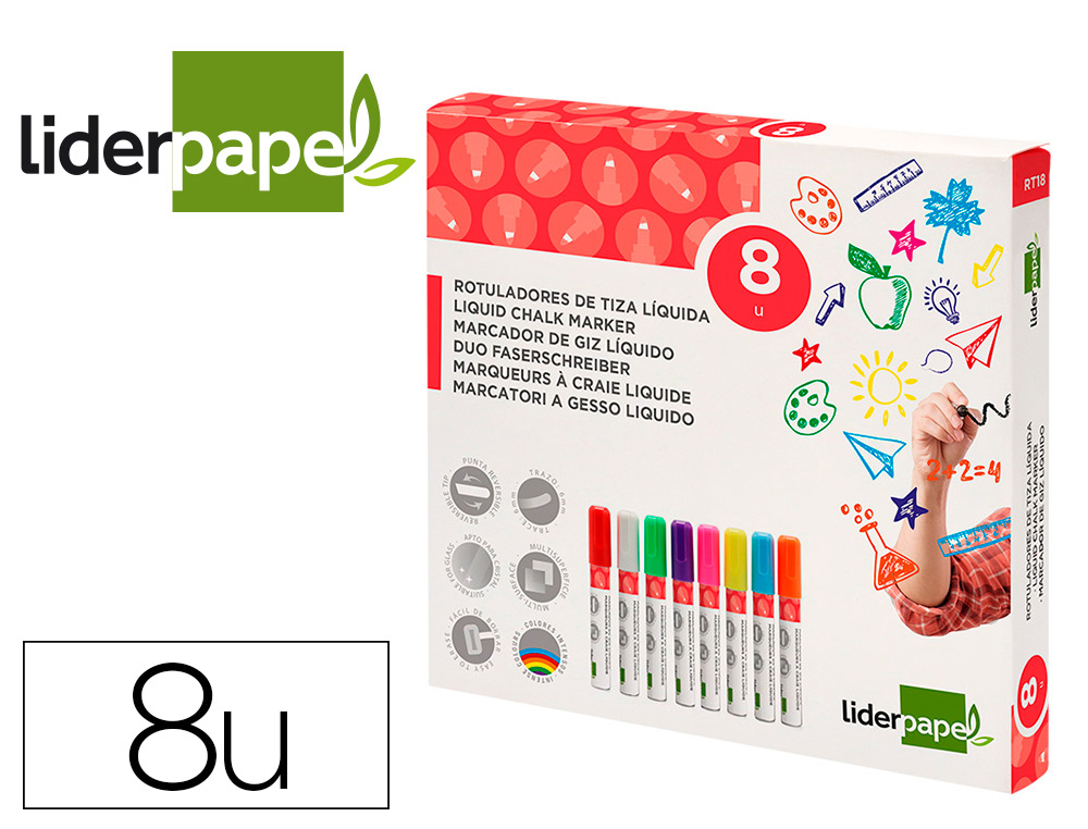 MARQUEUR LIDERPAPEL ENCRE CRAIE LIQUIDE POINTE RONDE    TRAIT DE 6 MM BOITE DE 8      COLORIS ASSORTIS