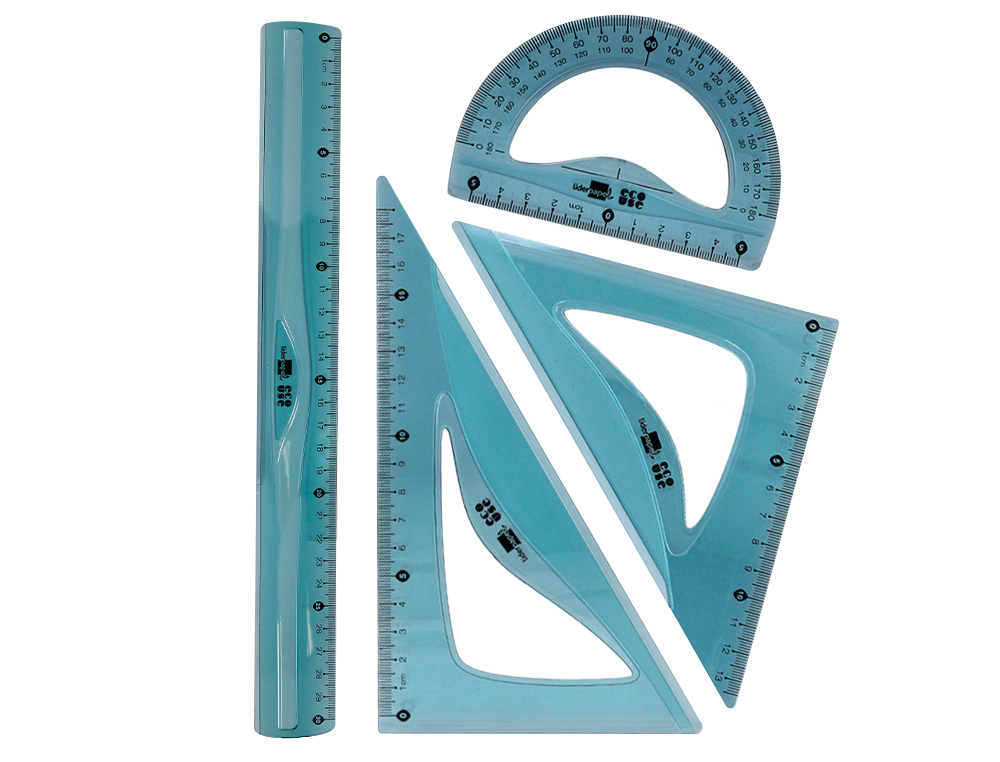 SET TRAAGE LIDERPAPEL ECOUSE 100% PLASTIQUE PET RECYCLE    EQUERRE 20 CM 18 CM REGLE 30  CM ET DEMI-CERCLE 10 CM