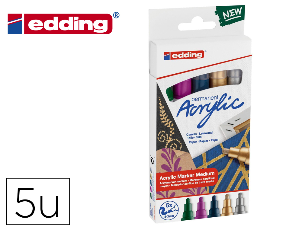 MARQUEUR EDDING PERMANENT ACRYLIC 5100 POINTE OGIVE     2-3MM COLORIS FESTIF ASSORTIS BOITE 5 UNITES