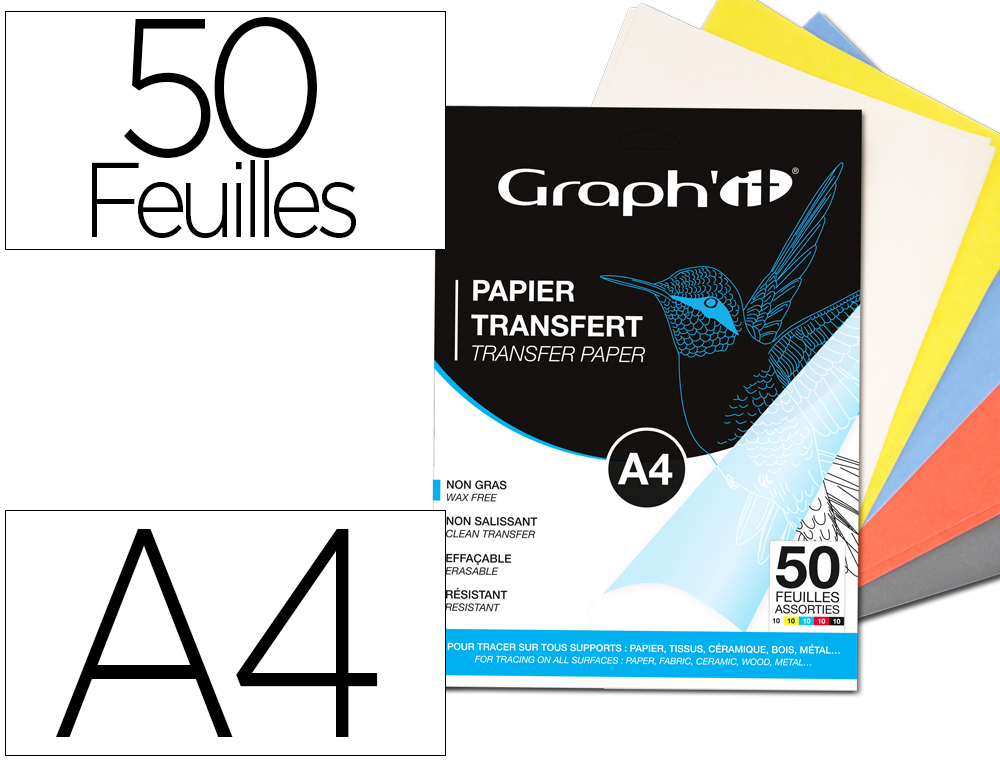 PAPIER TRANSFERT GRAPH'IT TOUS SUPPORTS A4 21X29,7CM 5  COLORIS ASSORTIS POCHETTE 50  FEUILLES