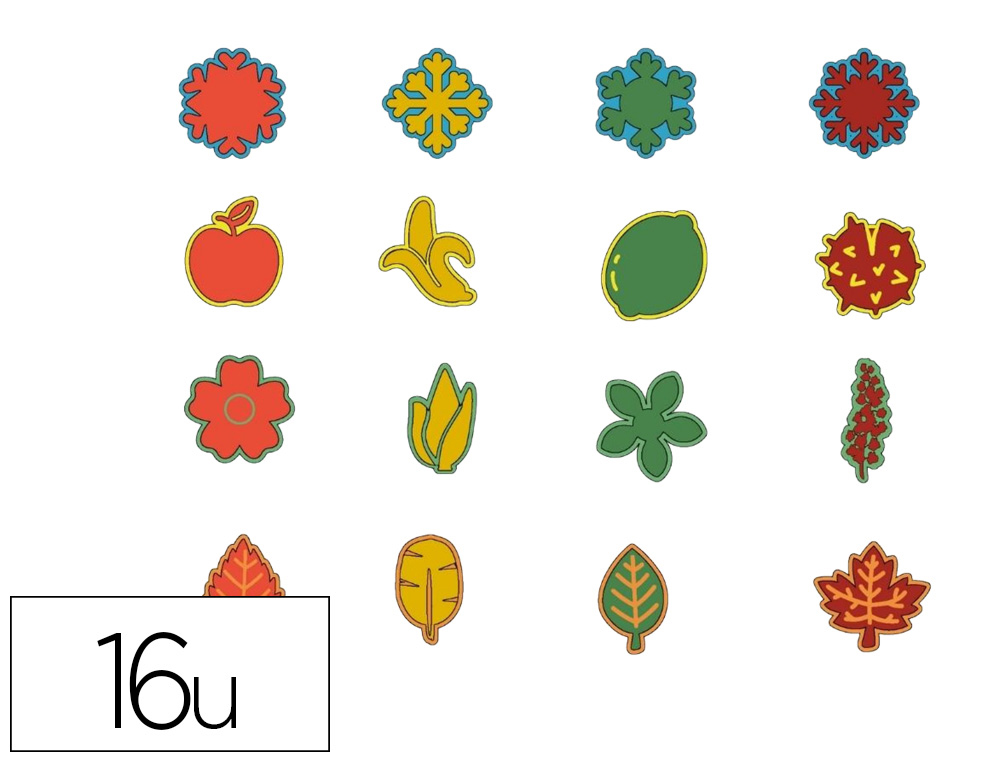TAMPONS SODERTEX MOUSSE EVA 4 SAISONS 5CM MOTIFS ASSORTIS FLEUR FRUITS FEUILLES FLOCONS COLORIS ASSORTIS PACK 16 UNITES