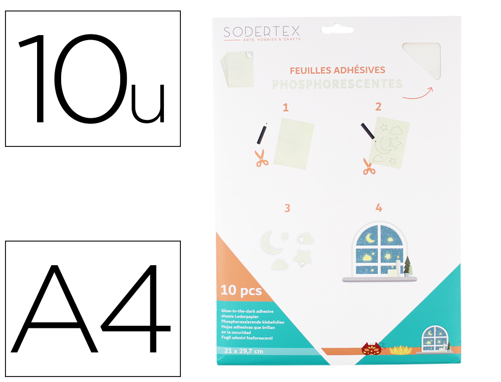 FEUILLE SODERTEX CARTONNEE ADHESIVE PHOSPHORESCENTE A4   21X29,7CM PACK 10 UNITES
