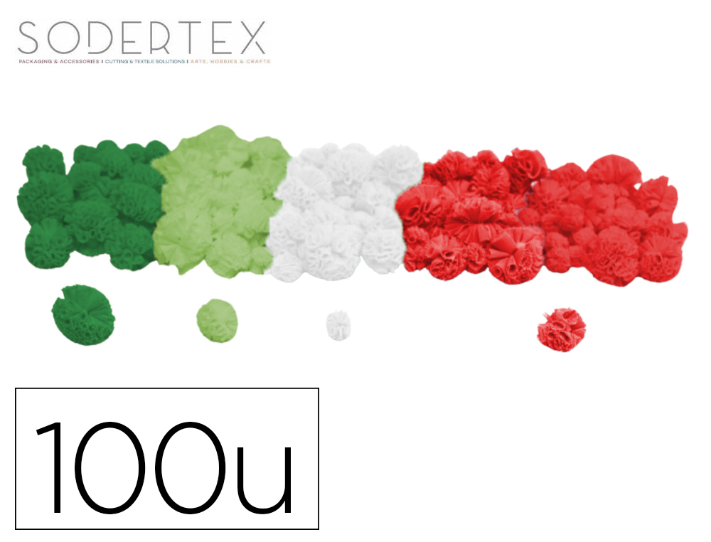 POMPON TULLE SODERTEX TAILLES ASSORTIES 1/2/25MM COLORIS    NOEL ASSORTIS PACK 100 UNITES