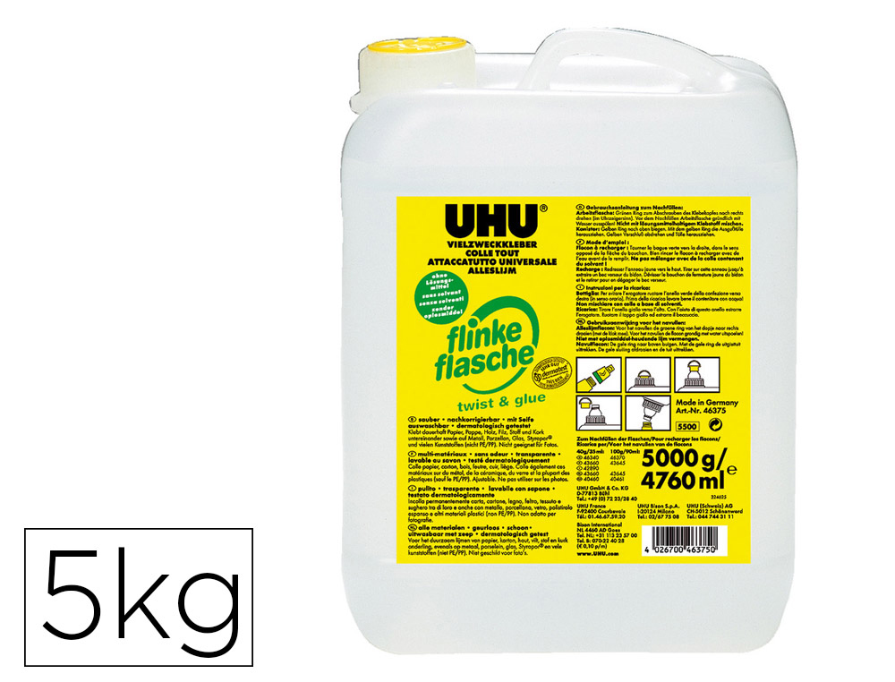 RECHARGE COLLE UHU COLLAGE 3 EN 1 TWIST & GLUE SANS SOLVANT UNIVERSELLE TRANSPARENTE MULTI-MATERIAUX BIDON PLASTIQUE 5KG