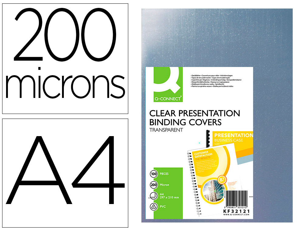 PLAT COUVERTURE Q-CONNECT PVC 200 MICRONS A4 RELIEURS SPIRALES PEIGNES ANNEAUX INCOLORE PAQUET 100 UNITS