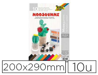 MOUSSE CAOUTCHOUC FOLIA 200X290MM PAISSEUR 2MM COLORIS ASSORTIS PAQUET DE 10 FEUILLES