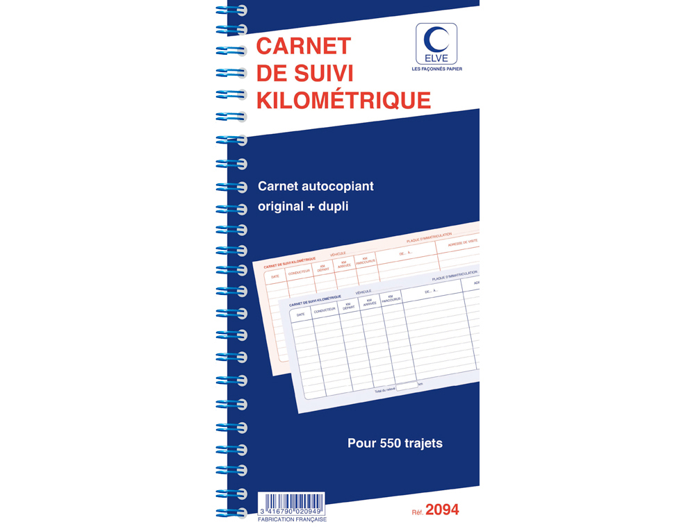 BLOC SPIRALE CARNET SUIVI KILOMTRIQUE ELVE 297X140MM DOS EN CARTON RIGIDE 550 TRAJETS 50 DUPLIS