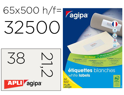 TIQUETTE ADHSIVE APLI AGIPA MULTI-USAGE 38X21.2MM COINS DROITS BOTE 32500 UNITS 500 FEUILLES